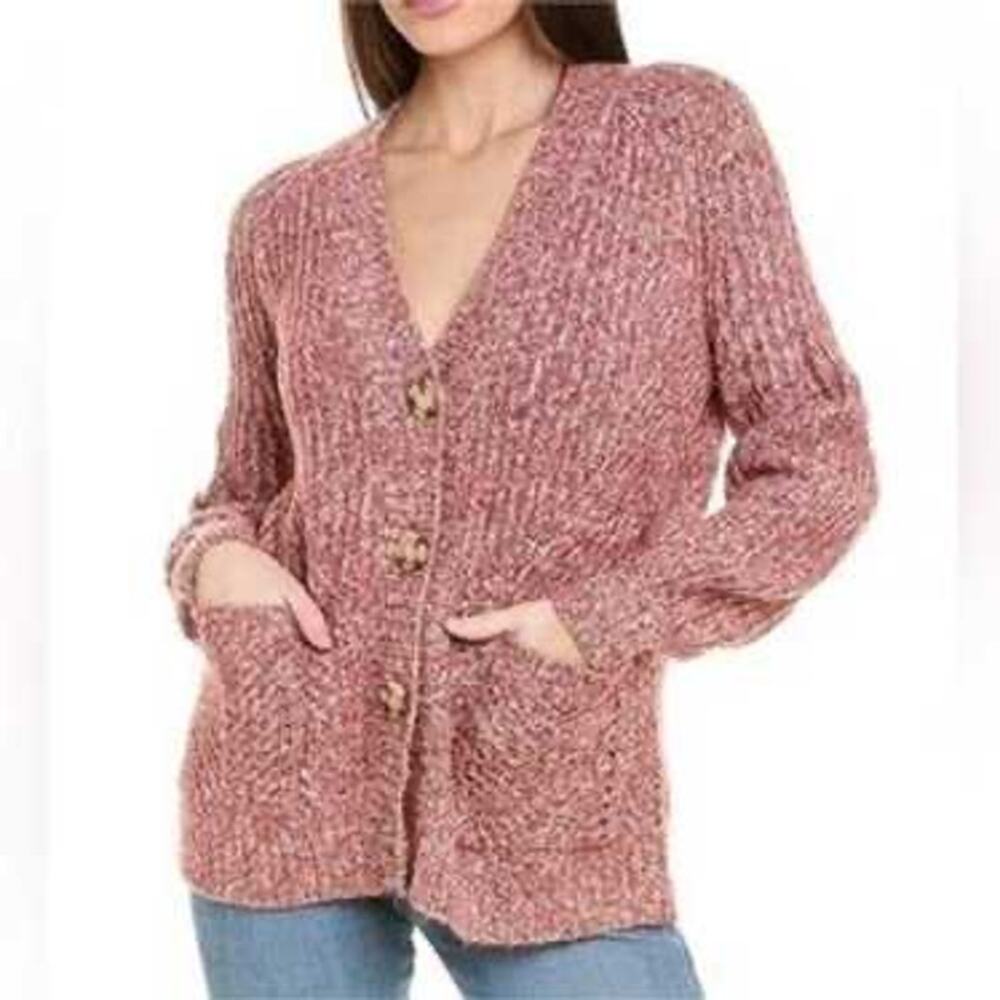 CAbi Cardigan Sweater #4243 Twist Yarn Knit Button Front Pink White Size XS